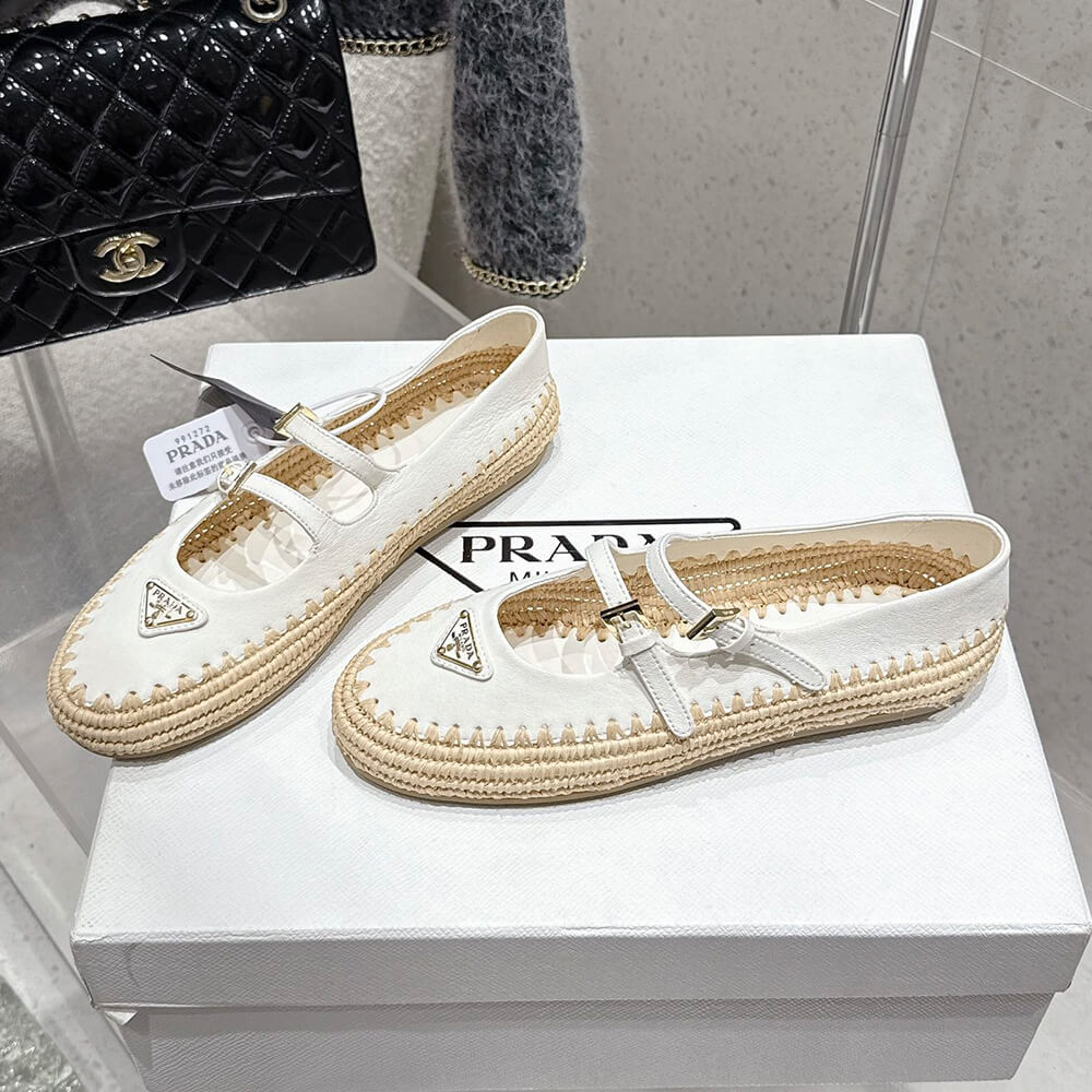 PRADA Nappa leather and raffia ballerinas
