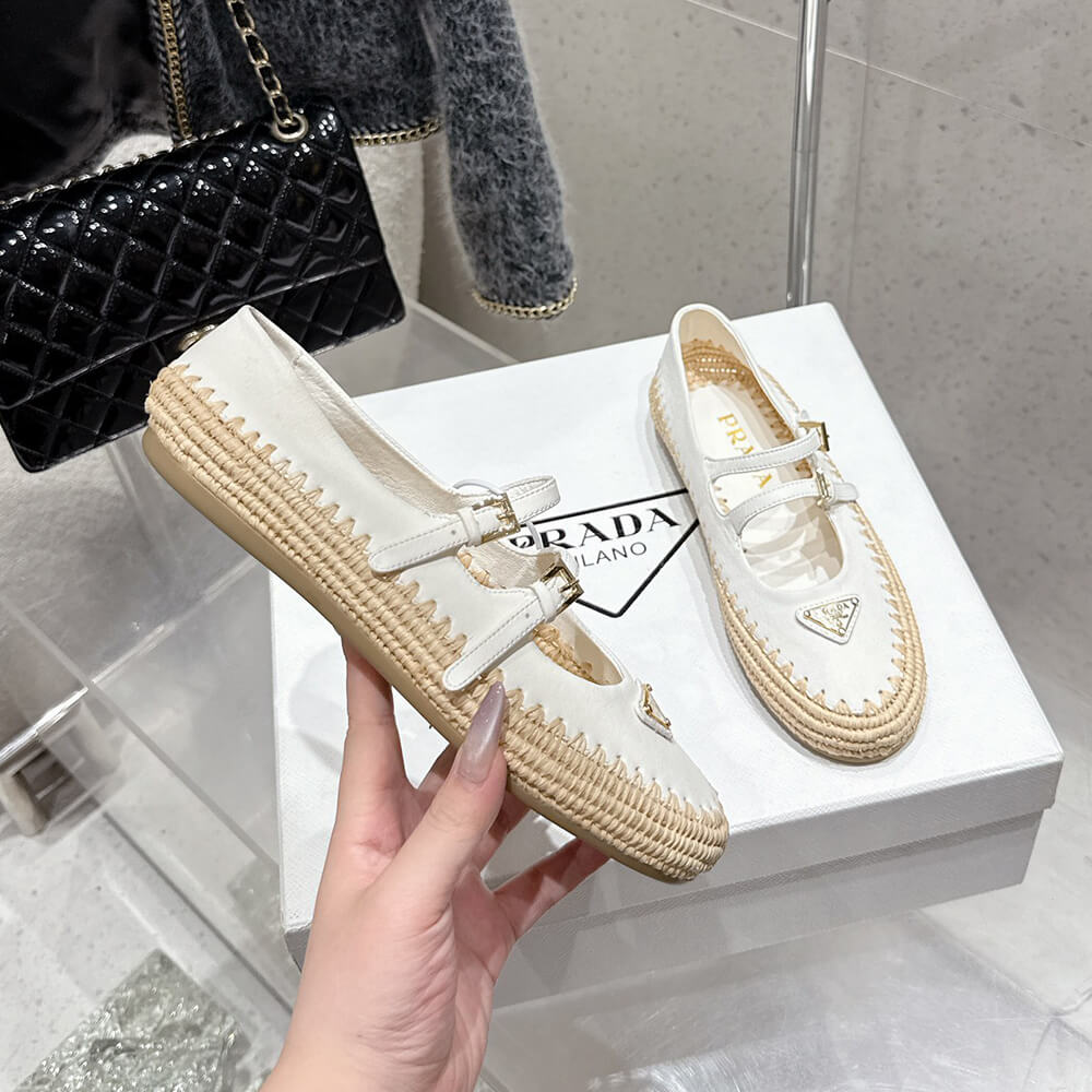 PRADA Nappa leather and raffia ballerinas